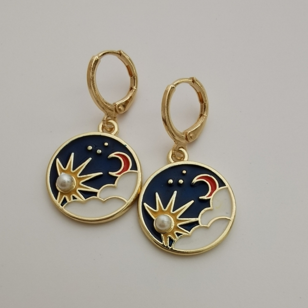 Sun & Moon & Stars Enamel & 14k Gold Earrings